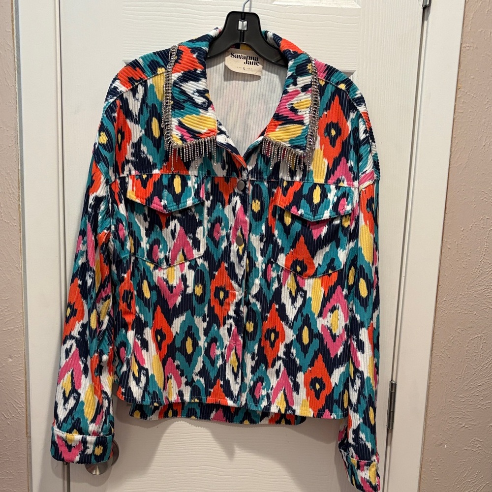 Savanna Jane Multicolor Geometric Jean Jacket